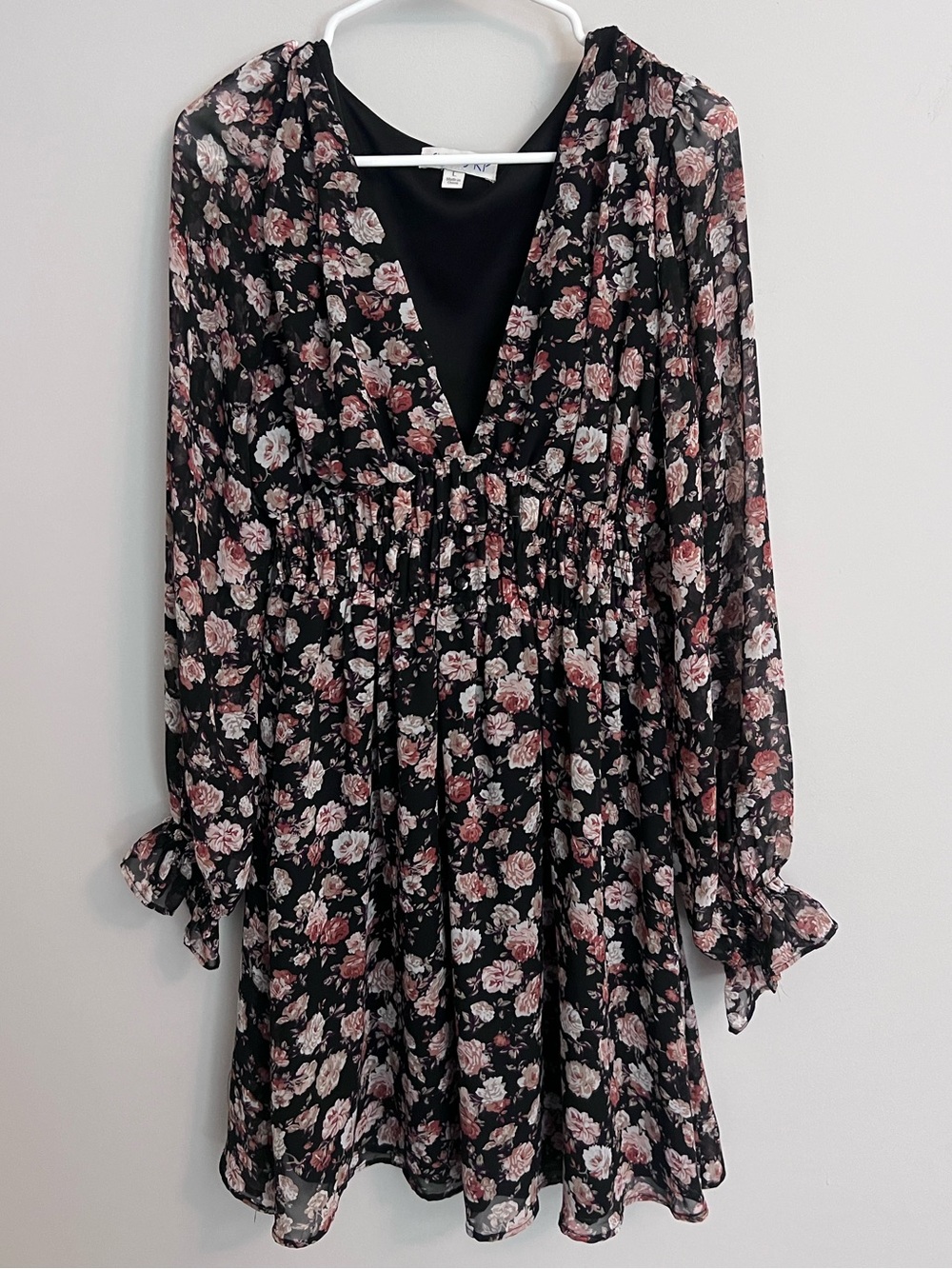 She + Sky Black Mini Dress with Pink and Cream Floral Print